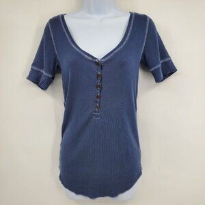 Vintage Aerie Blue Short Sleeved Plunge Neckline Henley Y2K Top Shirt Large